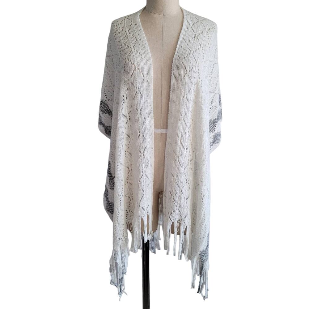 Just Be Open Front Fringe Shawl One Size Cream Gray Southwestern Boho Wrap